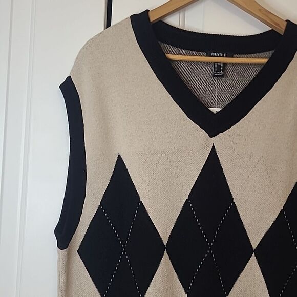 Forever 21 Taupe & Black Argyle Preppy Cotton Sweater Vest Size M - Picture 5 of 14